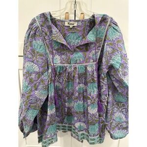 Karni XS Purple Floral Print Long Sleeve Blouse Top‎ Tassel Bohemian Boho
